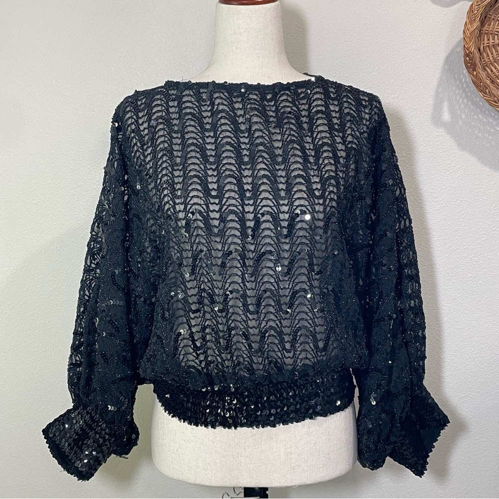Vintage Sequin Top Black Pullover Evening Party 3/4 Sleeve Sheer Blouse S/M
